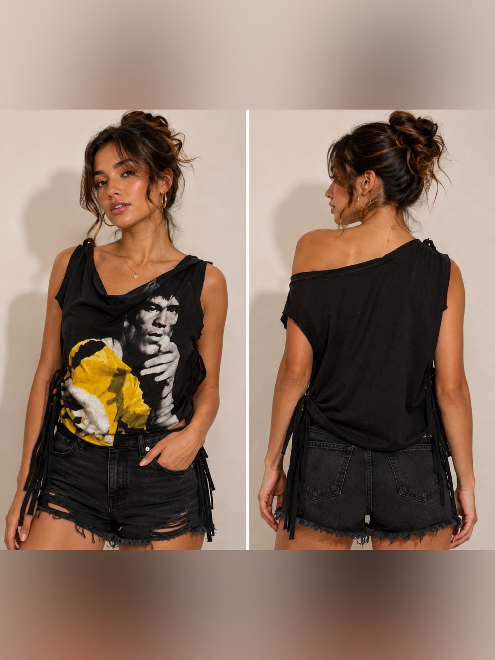 Bruce Lee distressed tied side  Black Graphic Off-Shoulder Tee size L